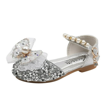 

ZMHEGW Bow Metal Pearl Rhinestone Color Matching Gradient Spring Shoes for Girls for 2-10Y
