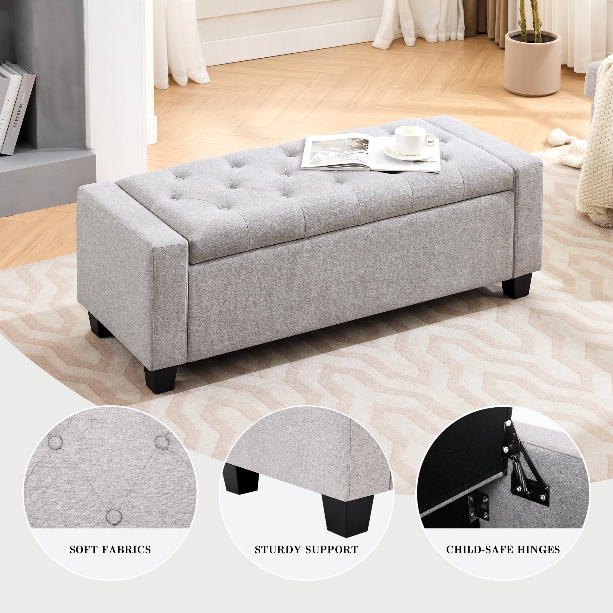 Huatean Home 48" Ottoman Storage Bench Upholstered with Safety Hinge, Light Gray