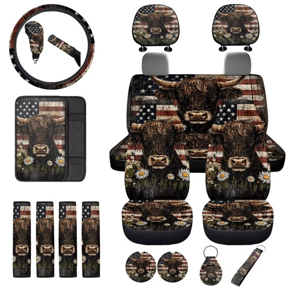 Uorisanigo Highland Cow US Flag Car Seat Covers Full Set 18 Pack Steering Wheel Cover Seatbelt Pads Center Console Pad Headrest  Shift Knob & Handbrake Cover Coasters Keychain Keyrings