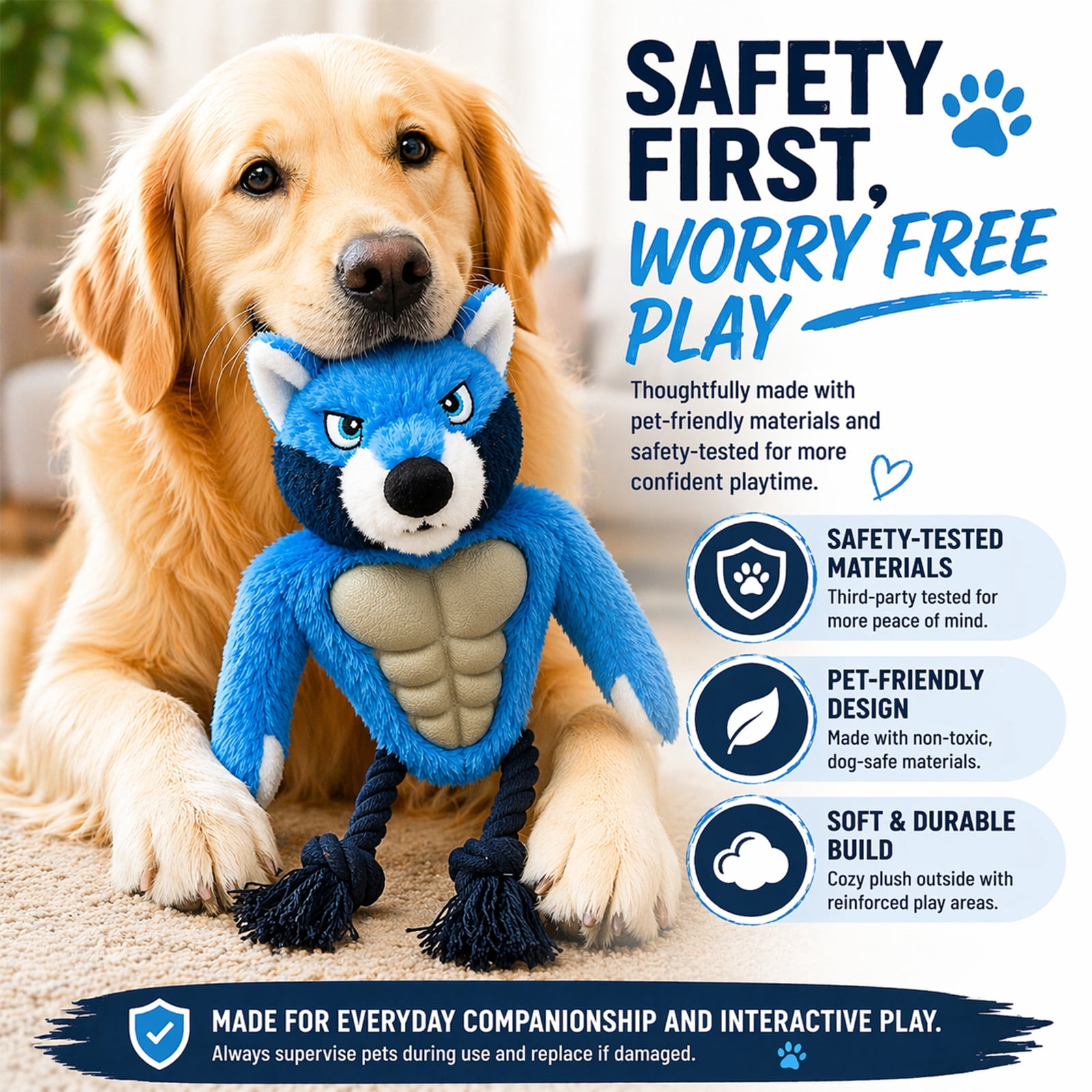 Calibonbon Wolf Rope & Plush Dog Toy with Squeaker, Interactive Tug Toy for Medium to Large Dogs, Multi-Texture Toy for Tug, Toss & Supervised Play