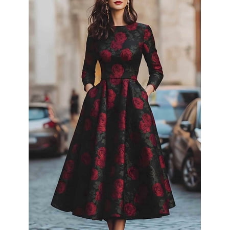Women’s Black Satin Midi Dress Round Neck Three Quarter Sleeve Dress with Red Rose Print Hidden Side Pockets and Vintage Floral Style