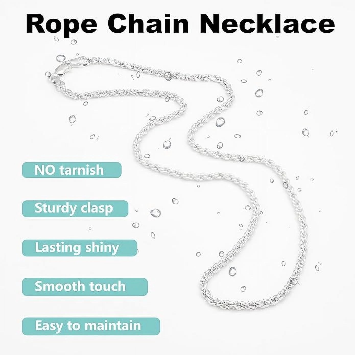 Bling Trax Silver-Plated Diamond-Cut Rope Chain Necklace, Silver-Tone Cadena Plateada for Men & Women, 2.1mm, 2.7mm, 3.8mm