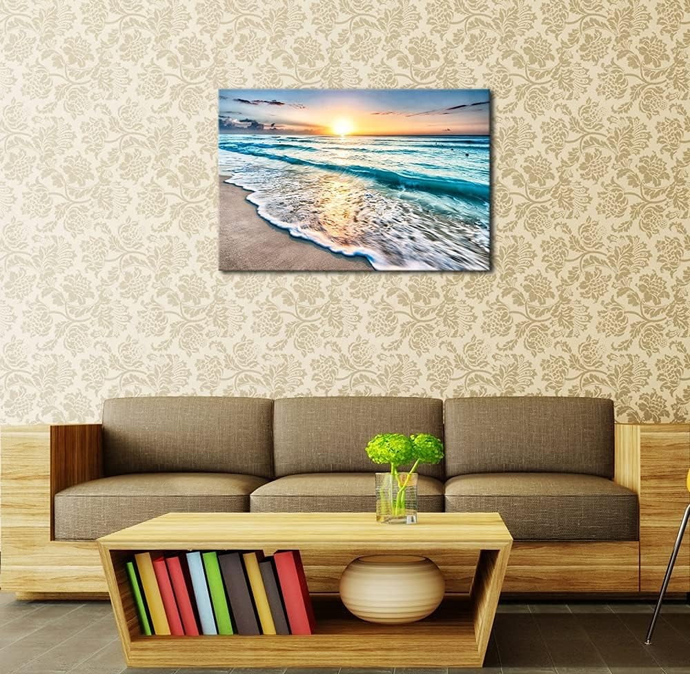 Sea Waves Canvas Wall Art - Large Ocean Beach Print, Stretched & Framed Seascape Giclee Artwork, Ready to Hang for Living Room, Bedroom & Coastal Home Decor