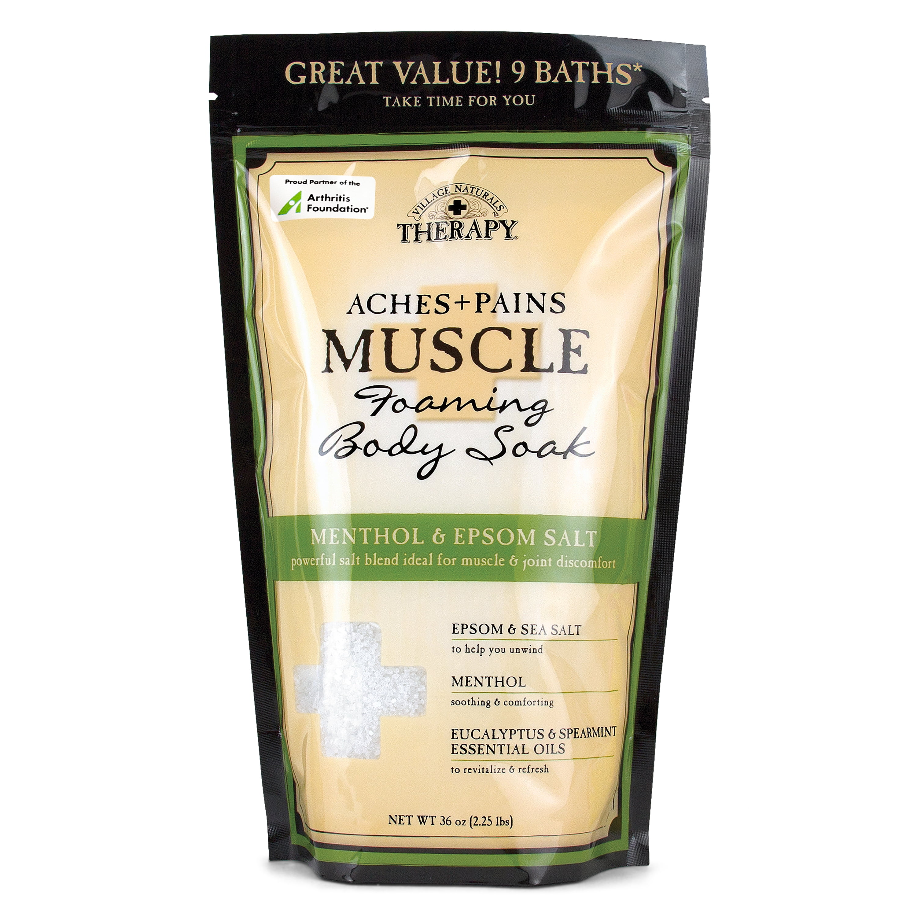 Village Naturals Therapy Aches & Pains Muscle Menthol & Epsom Foaming Bath Salts, 36 oz.