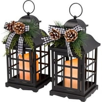 Set of 2 11-Inch Rustic Black Metal Christmas Holiday Lanterns w/ Flameless LED Candle, Timer, Greenery, Plaid Bow – Country Farmhouse Hanging or Tabletop Decoration – Xmas Home Decor
