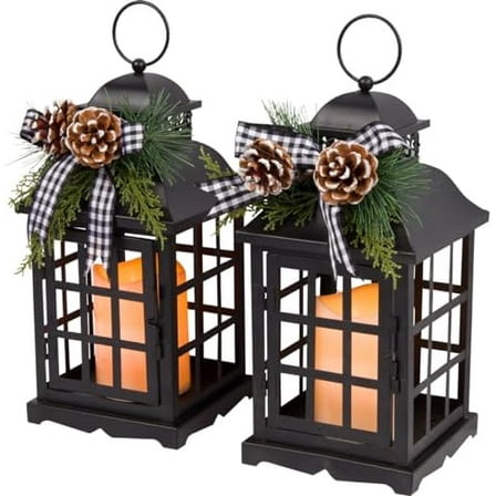 Set of 2 11-Inch Rustic Black Metal Christmas Holiday Lanterns w/ Flameless LED Candle, Timer, Greenery, Plaid Bow – Country Farmhouse Hanging or Tabletop Decoration – Xmas Home Decor