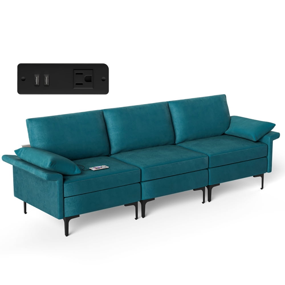 Finihen Sectional Sofa Couch, 3-Seat Sofa, Large 3-Seat Sofa Sectional with Metal Legs and 2 USB Ports for 3-4 people, for Living Room, Bedroom, Peacock Blue