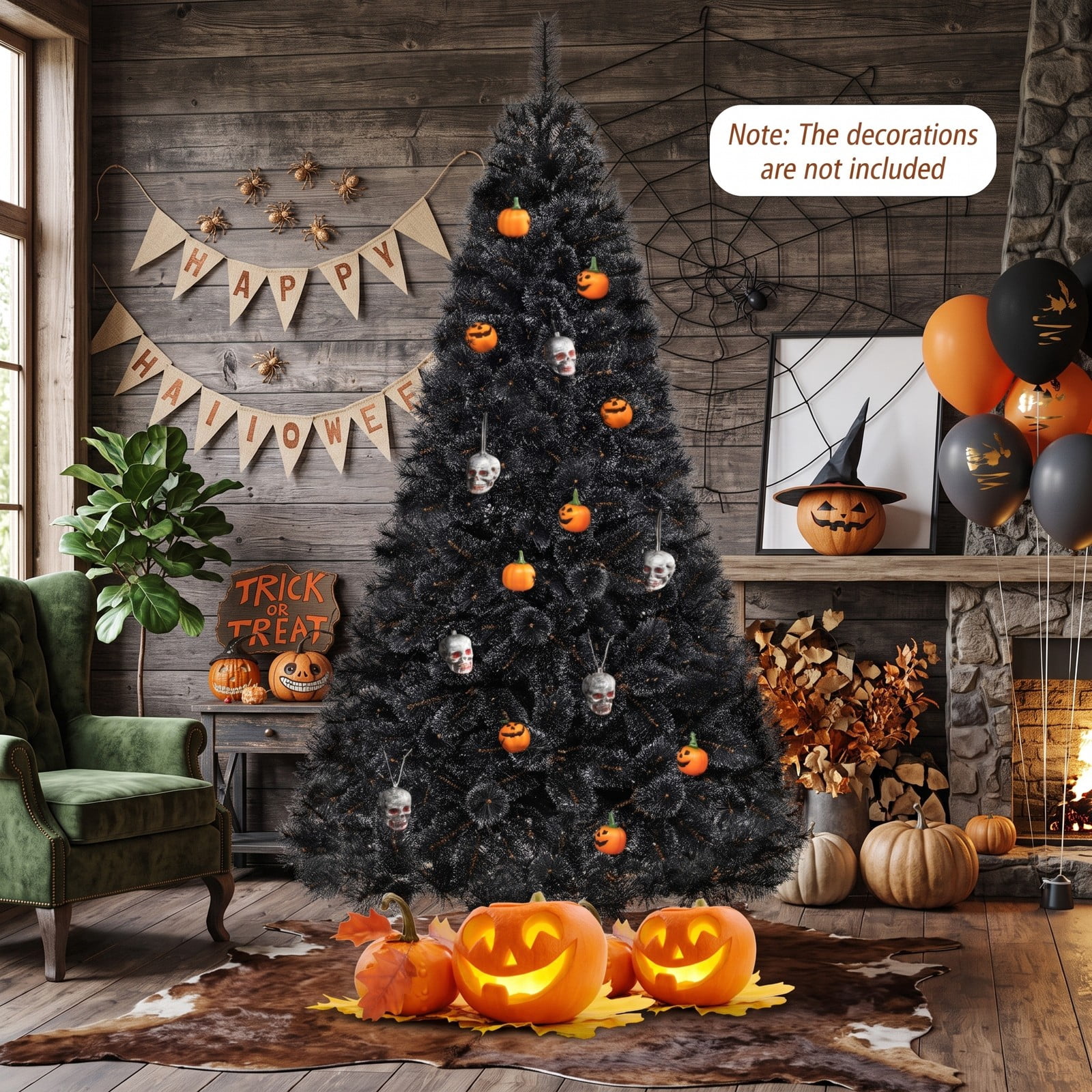 RUIE 6/7/8 FT Pre-Lit Black Artificial Christmas Halloween Tree with 210/320/450 Cool White LED Lights, PVC Hinged Branches, 3-Section Metal Base, Black