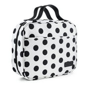 Large Toiletry Bag Travel Organizer with Hanging Hook, Water-resistant Makeup Cosmetic Bag Travel Case for Accessories, Shampoo, Toiletries, Personal Hygiene Items- White Base/ Black Polka Dot