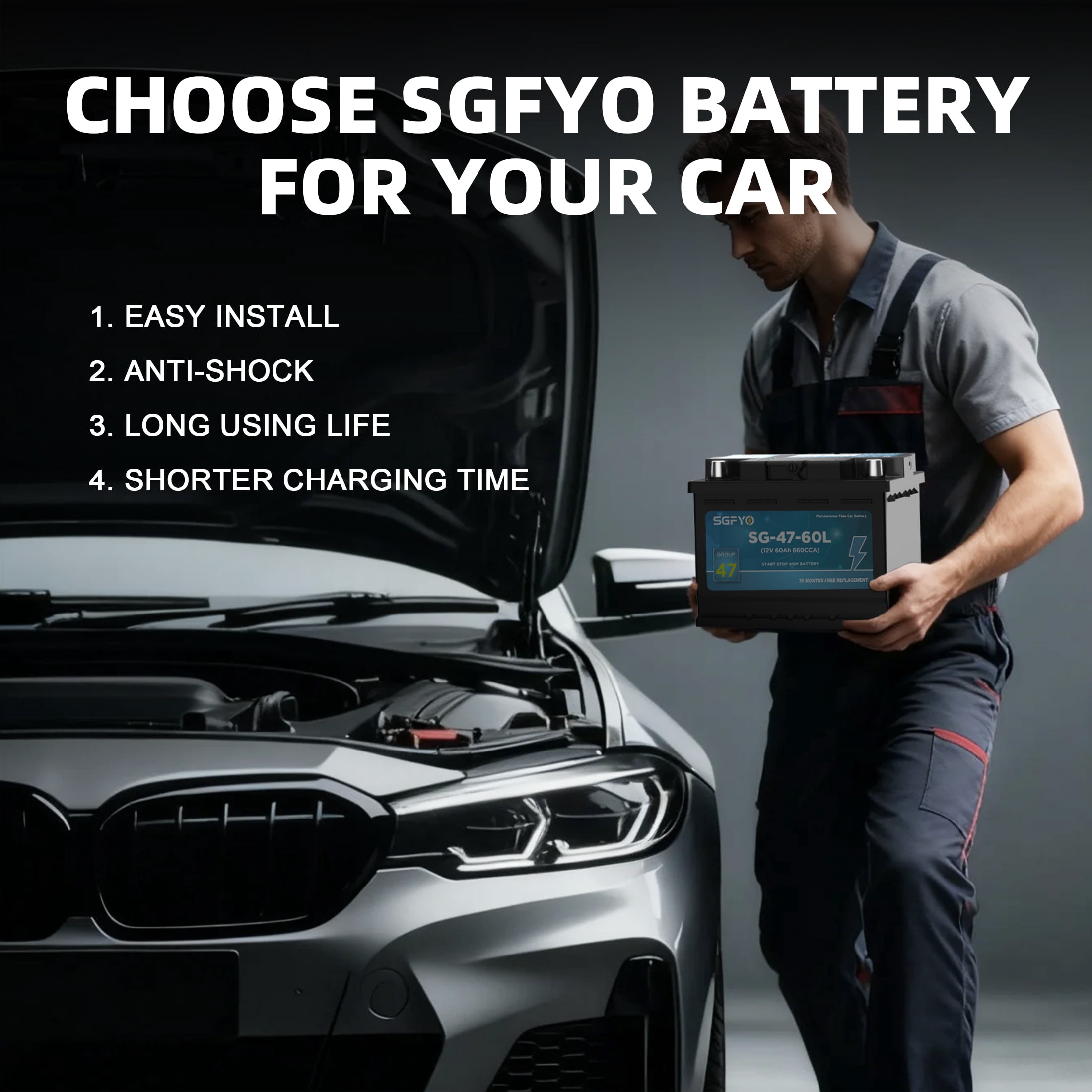 SGFYO Group Size 47 AGM Car Battery ,12V 60Ah 660CCA 100RC Maintenance Free H5 L2 Automotive Replacement Batteries