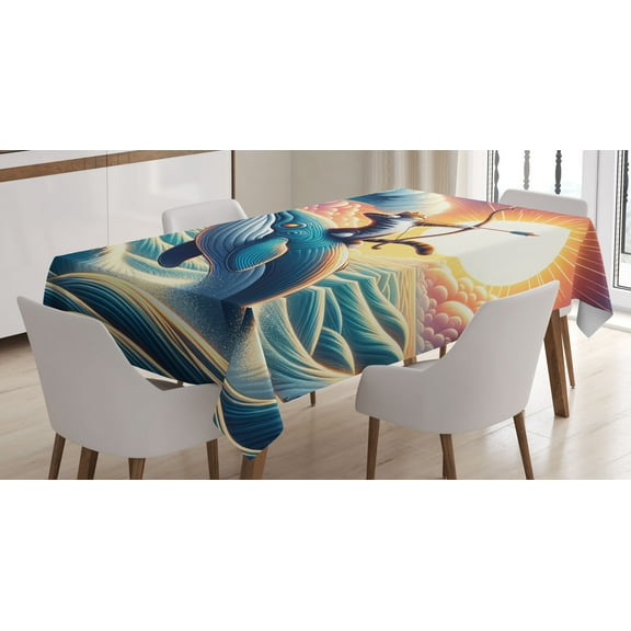 Ambesonne Nautical Tablecloth Rectangular Table Cover, Archer Wild Cat on a Whale, 60"x90", Teal Purple and Orange
