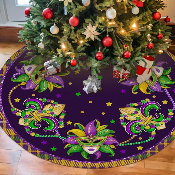 Mardi Gras Tree Skirt 36in, Mardi Gras Christmas Decor, Mardi Gras Tree Ornament for Mask Beads Feather Purple Carnival Christmas Tree Mat, Mardi Gras Xmas Decorations for Home Holiday Party