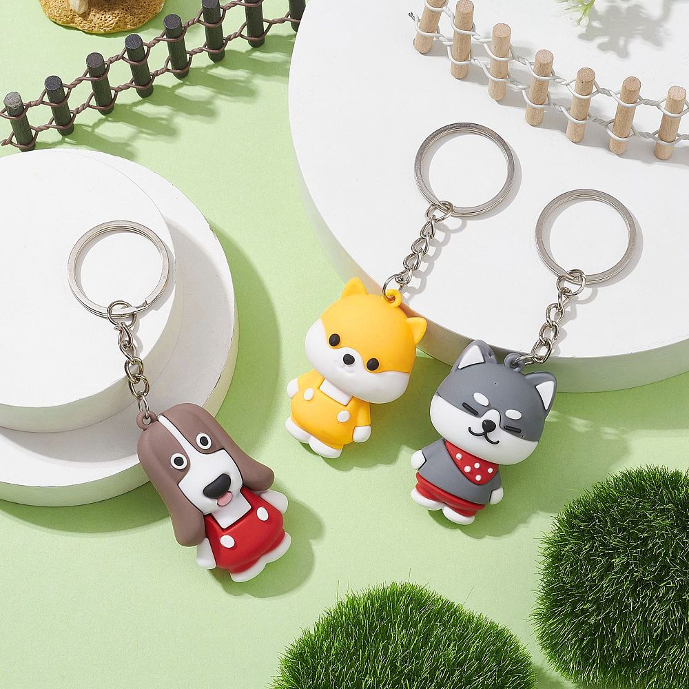 20pcs Cartoon Dog PVC Plastic Keychain with Iron Split Key Rings Mixed color 10.7~11.15cm DIY