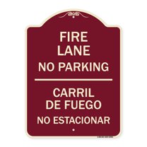SignMission Designer Series Sign - Fire Lane No Parking - Carril De Fuege No Esta Conar | Burgundy 18" x 24" Heavy-Gauge Aluminum Architectural Sign | Made in the USA