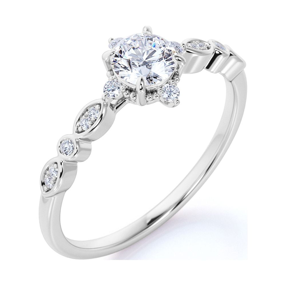 JeenMata 1.75 Carat Round Near Colorless Moissanite Promise Ring - Minimalist Moissanite Engagement Ring - 18k White Gold over Silver