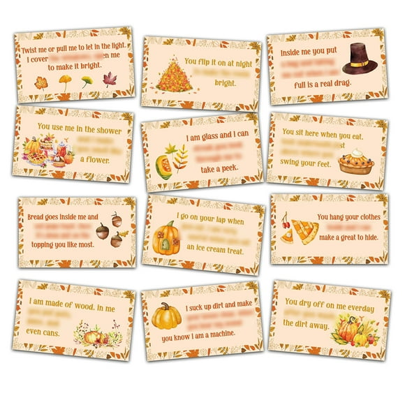 Autumn Adventure Clue Cards for Kids - Fun Thanksgiving Scavenger Hunt Game with Pumpkin Riddles, Perfect for Indoor and Outdoor Family Activities, 12 Cards Included