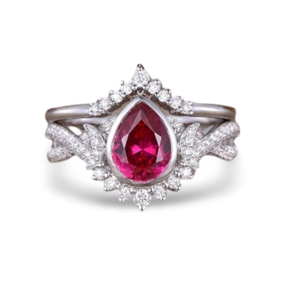 Sterling Silver Unique Ring Set Pear Cut Ruby Ring For Women