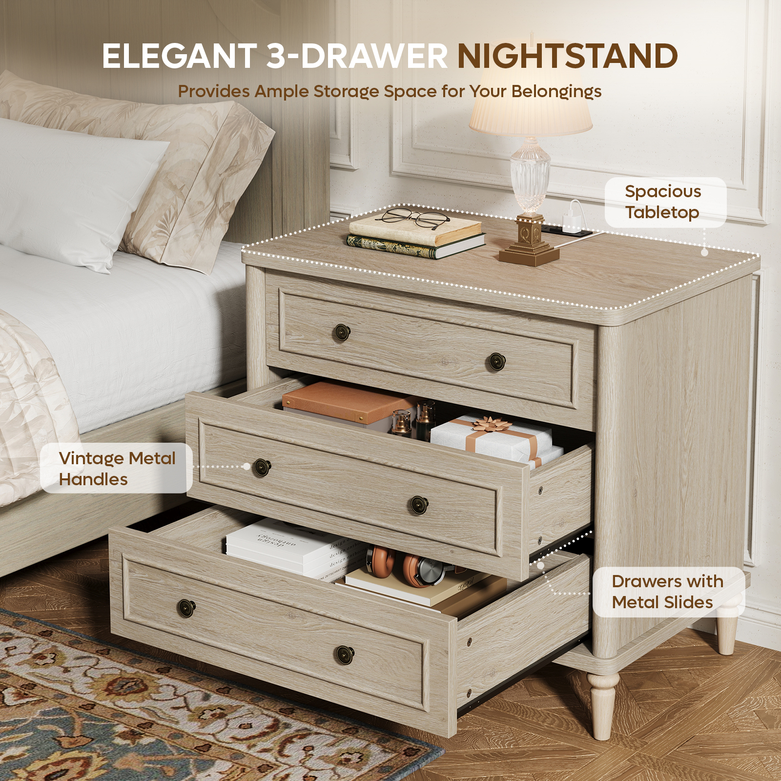 Bestier Farmhouse Nightstand Set of 2 with Charging Station, Oak photo 3