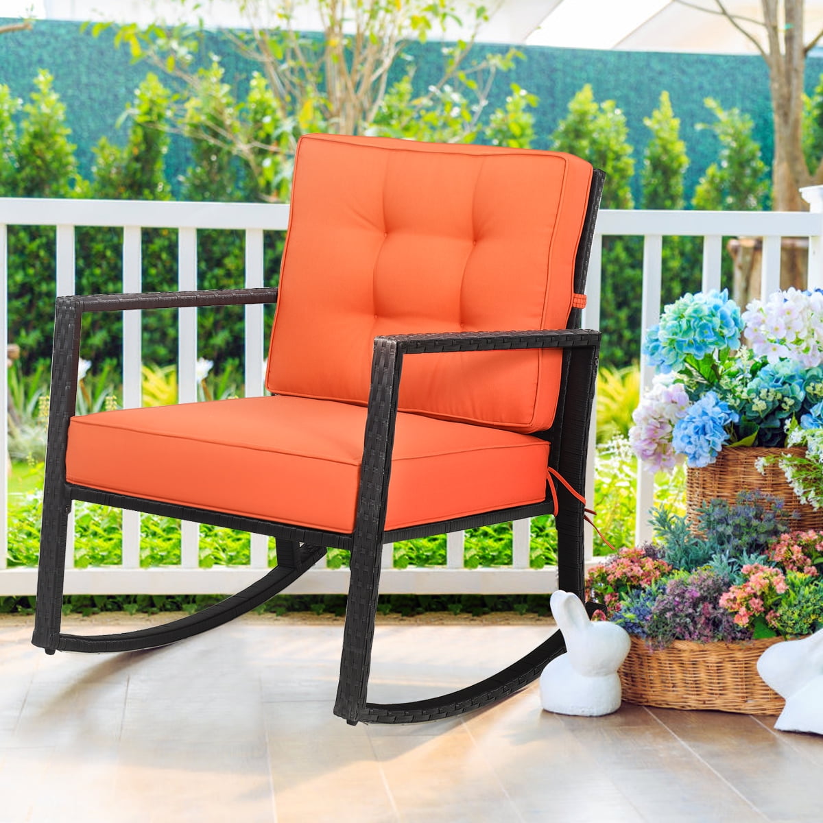 Gymax Outdoor Wicker Rocking Chair Patio Lawn Rattan Single Chair Glider w/ Cushion