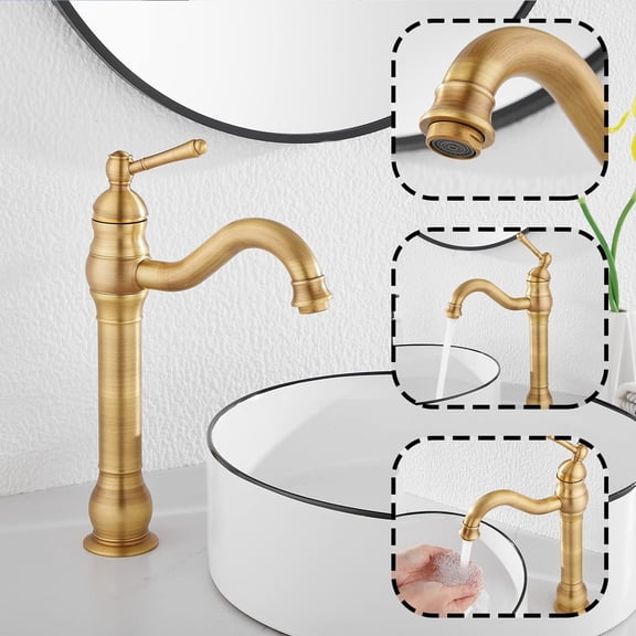 Swivel Antique Brass Bathroom Vessel Sink Faucet Single Handle One Hole Matching with Pop Up Drain