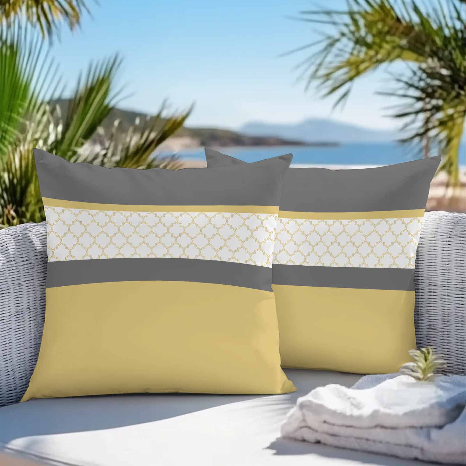 Abstract Yellow Outdoor Pillow Covers Set of 2 Grey Stripes Moroccan Geometric Modern Retro Waterproof Throw Pillow Case Decorative Square Cushion Cover for Patio Couch Garden Balcony, 18"x18"