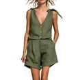thumbnail image 2 of Mifsaly Linen Two Piece Set Women Tie Strap Sleeveless V-Neck Button Down Tops and High Waist Shorts Lightweight Casual Summer Travel Beach Outfits Army Green,M, 2 of 6