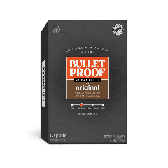 The Original Single-Serve Pods, Medium Roast, 10 Count, Bulletproof Keto, 100% Arabica Coffee, Certified Clean Coffee, Rainforest Alliance, Sourced from Guatemala, Colombia & Brazil