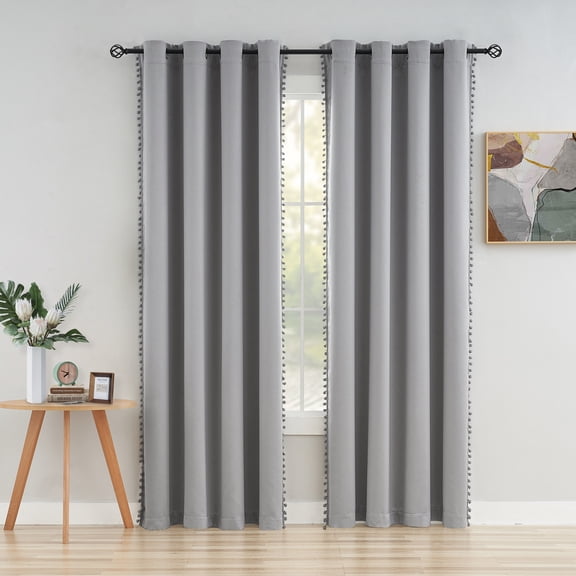 Flowpartex Grey Pom Pom Blackout Curtains Room Darkening Grommet Solid Window Drapes for Bedroom, 52"W x 84"L 2 Panels