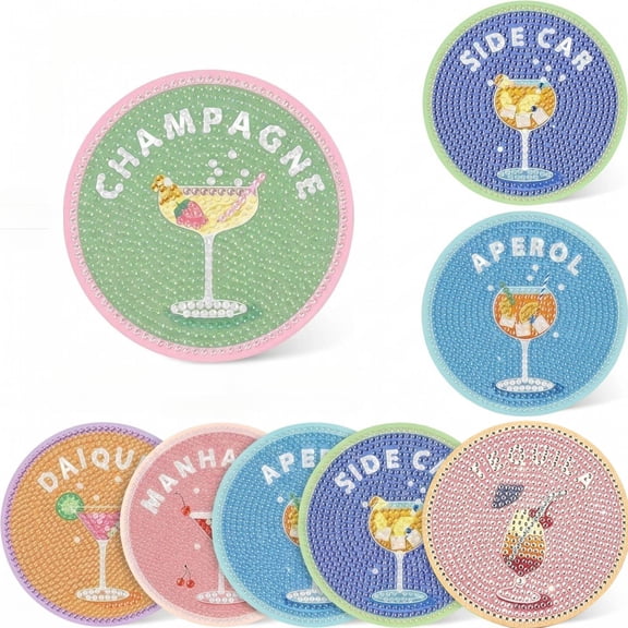 Cocktail Diamond Art Coaster DIY Kit for Adults,8-Piece Crystal Painting Craft Set,Beginner Friendly Bar Table Decor and Home Display