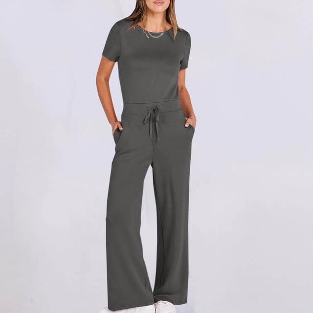 BEFOKA Pantalons Grande Taille pour Femmes, Pantalons d'Été en Solde pour Femmes, Combinaisons Décontractées Unies à Col Rond avec Poches et Manches Courtes
