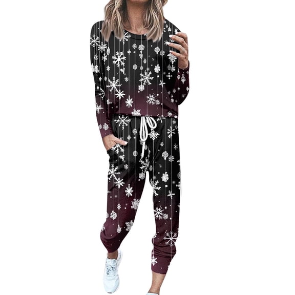 Women's Two Piece Christmas Snowman & Tree Printed Set: Round Neck Long Sleeve Shirt & Drawstring Sweatpants with Pockets, Dark Purple, Size L