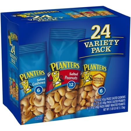 - Planters Nut 24 Count-Variety Pack, Salted Peanuts, Honey Roasted Peanuts & Salted Cashews Ready-to-Go Sleeves, 40.5 oz Multi-Pack Box