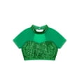 thumbnail image 3 of TSSOE Kids Girls Shiny Sequins Dance Crop Tops Mock Neck Short Sleeve Mesh Patchwork Jazz Hip Hop Dance T-Shirt Green 14, 3 of 5