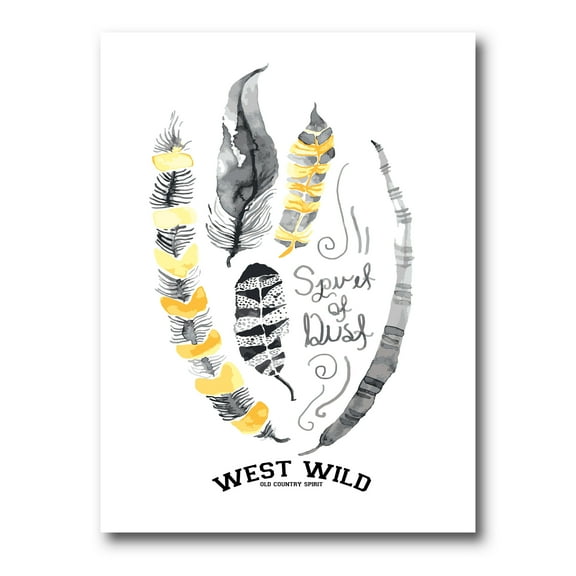 Designart ' Yellow Ethnic Plume Feathers On White ' Bohemian & Eclectic Canvas Wall Art Print