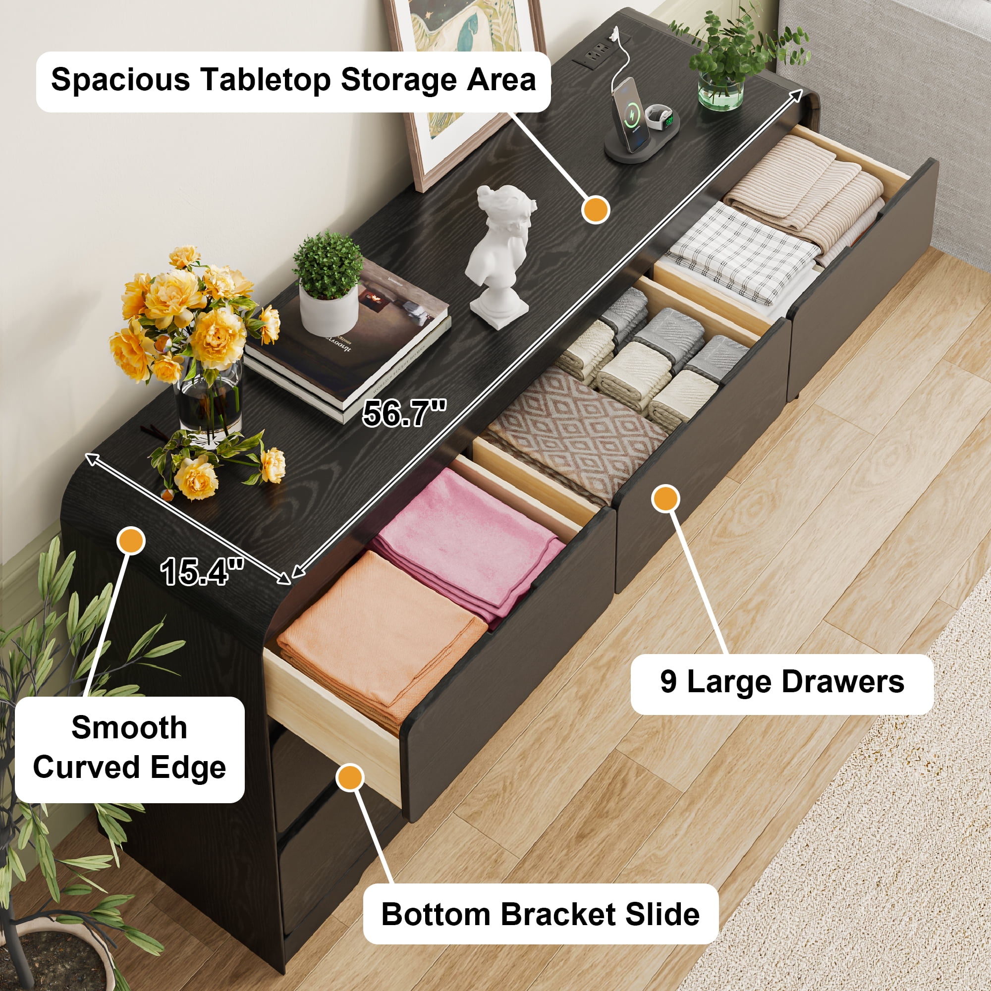 ANPOO 9 Drawers Dresser for Bedroom, 63"W Dressers & Chest of Drawers w/Power Outlet, Curved Design, Wood Mid Century Storage Cabinet, Natural Texture, for Bedroom, Hallway, Black