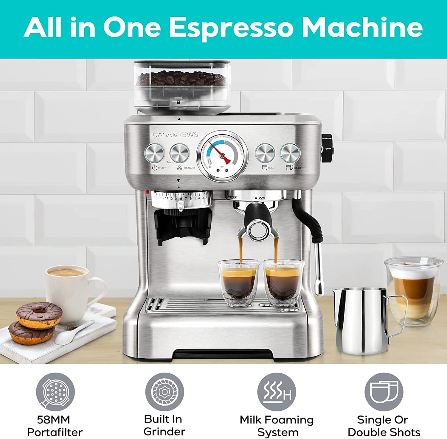 Espresso Machine With Grinder Professional Espresso Maker With Milk Frother  Steam Wand Barista Espresso Coffee Machine With 92 oz Removable Water Tank  for Cappuccinos or Lattes Gift fo 