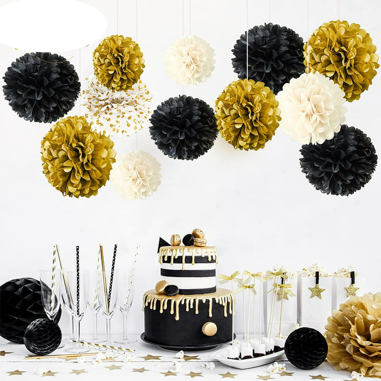 Black Gold Party Decorations - 12 PCS Black Gold White Tissue Paper Pom  Poms for Wedding, Birthday, Bachelorette, Graduation 2022 Decorations, Prom  Decorations, Anniversary Party Supplies 