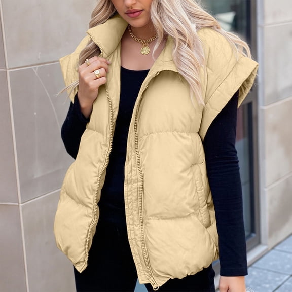 LEKWK Women's Puffer Vest Zip up Sleeveless Oversized Quilted Jacket Warm Long Sleeve Padded Down Coats with Pockets Outerwear