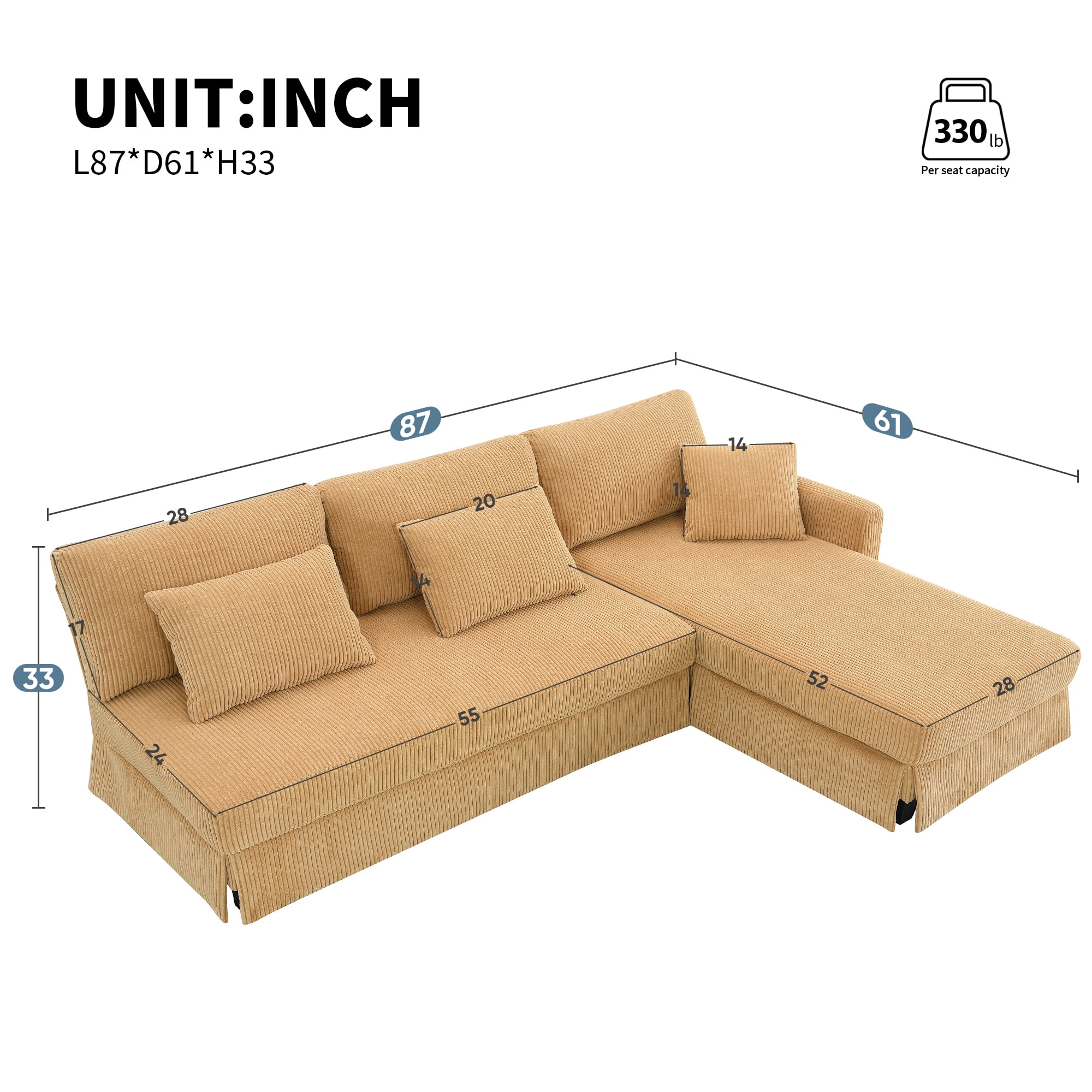 L-shaped Sectional Sofa with Reversible Chaise,4-seat Upholstered Sectional Corduroy Sofa,Convertible Sleeper Couch with Pillows for Living Room,Yellow