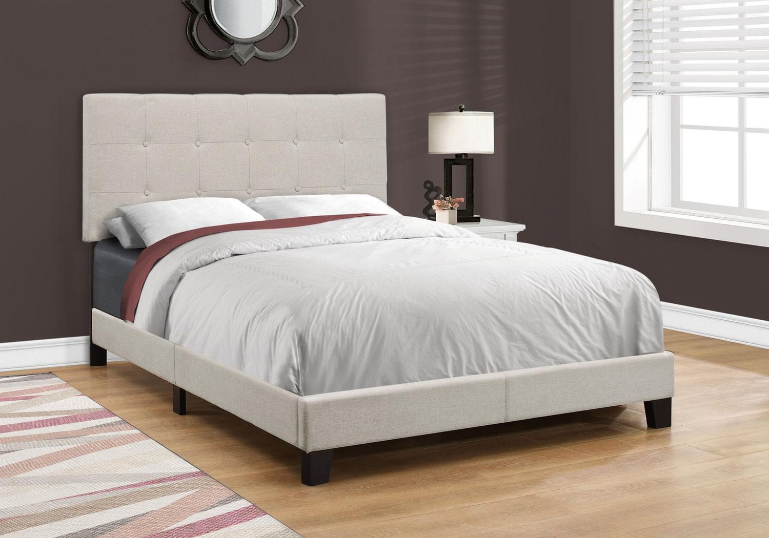 Monarch Specialties Bed, Full Size, Platform, Bedroom, Frame, Upholstered, Linen Look, Wood Legs, Beige, Black, Transitional