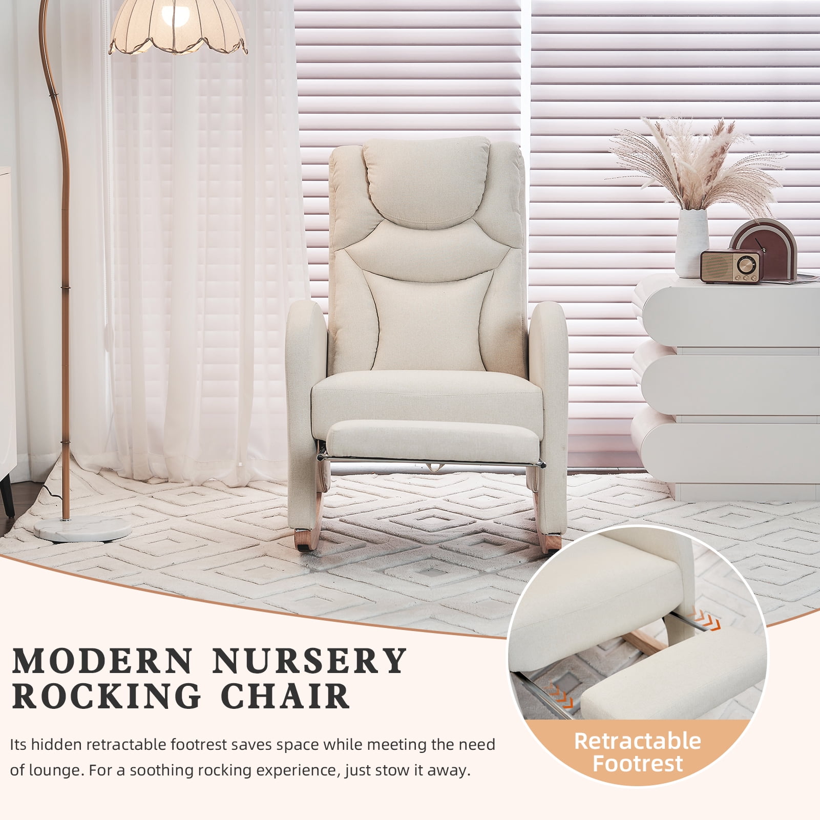 ALAKFORM Rocking Chair Nursery with Foot Rest,Cotton Linen Glider Rocker with Wood Legs, Nursing Rocking Chair Indoor for Living Room/Nursery,Beige