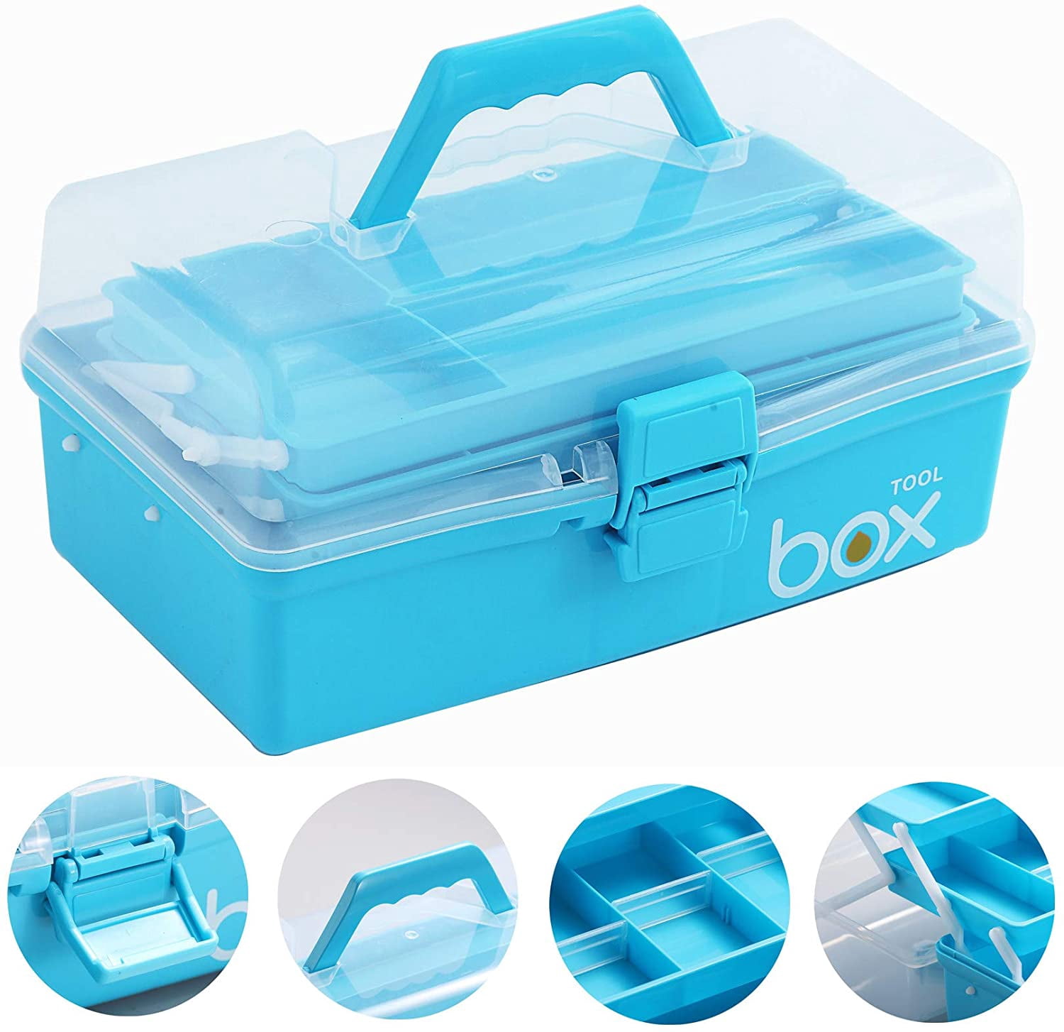 Sunxenze 12'' Three-Layer Clear Plastic Craft Storage Box, Tool Box/Sewing Box Organizer, Art with Handle (Light Blue)