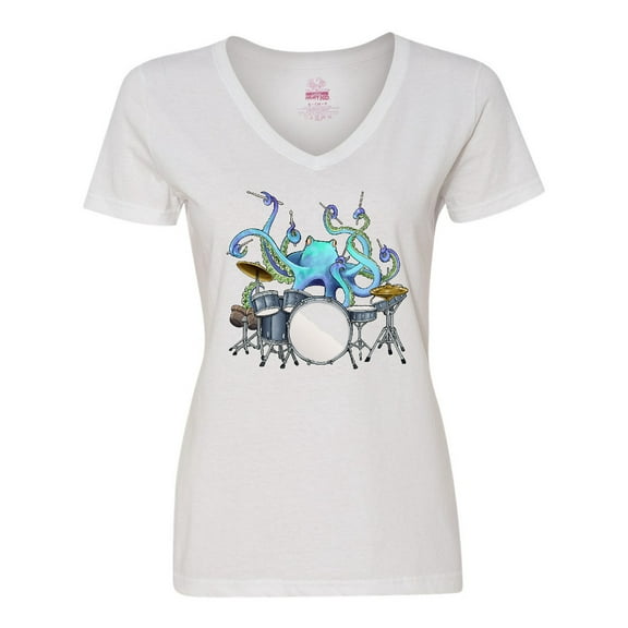 Inktastic Cute Blue Octopus Drumming Women's V-Neck T-Shirt