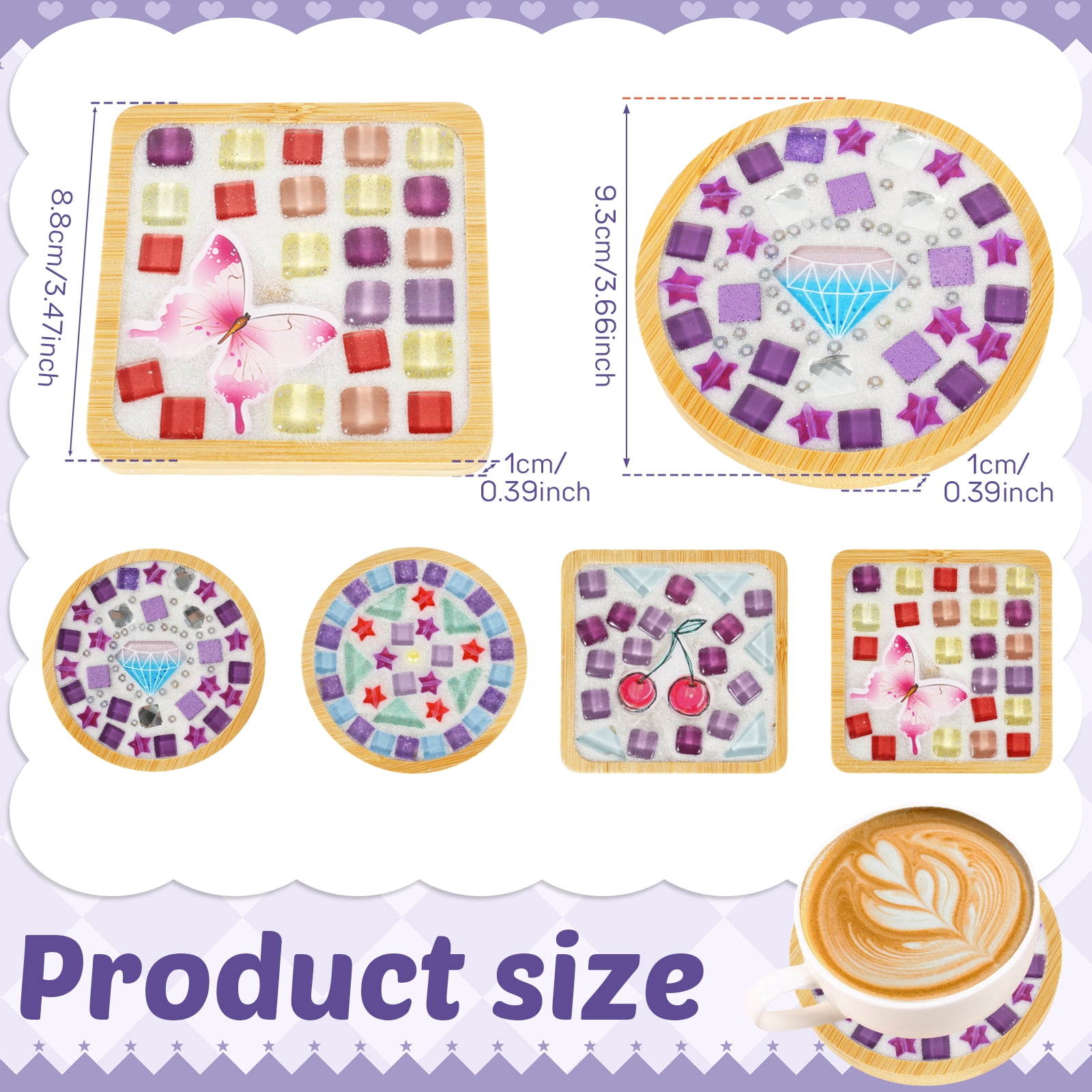 Austok 4Pcs DlY Mosaic Tile for Cup Pads Craft Mixed Color Glass Tile Kit with Bamboo Cup Pad for Adult DlY Cup Pad Kit Mosaic Supply for Handmade Home Decoration Present