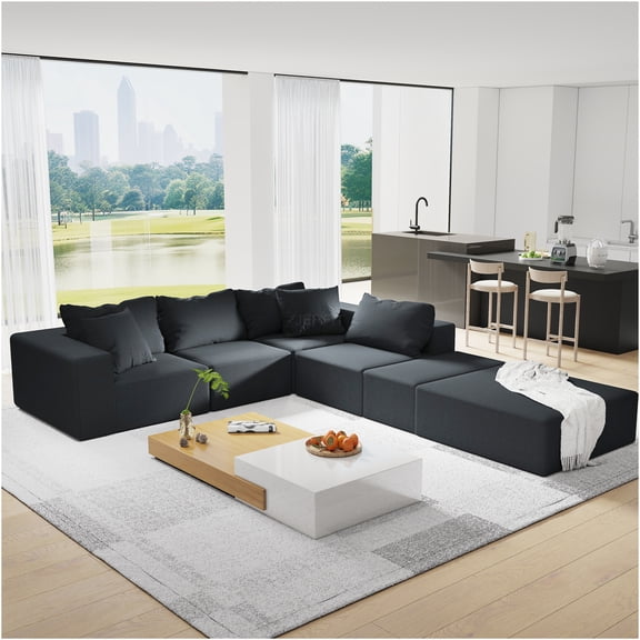 JERFIT 132" Modular L-Shaped Sectional Sofa with Pillows, Chenille Fabric Upholstery for Living Room, No Assembly Required, Black