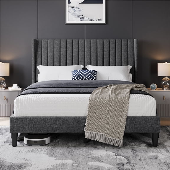 Yaheetech Upholstered Platform Bed Frame with Channel Tufted Headboard, Queen, Dark Gray