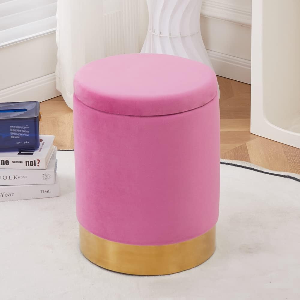 Mxfurhawa Velvet Storage Ottoman Multipurpose Footrest Stool for Living Room & Bedroom(Rose Pink)