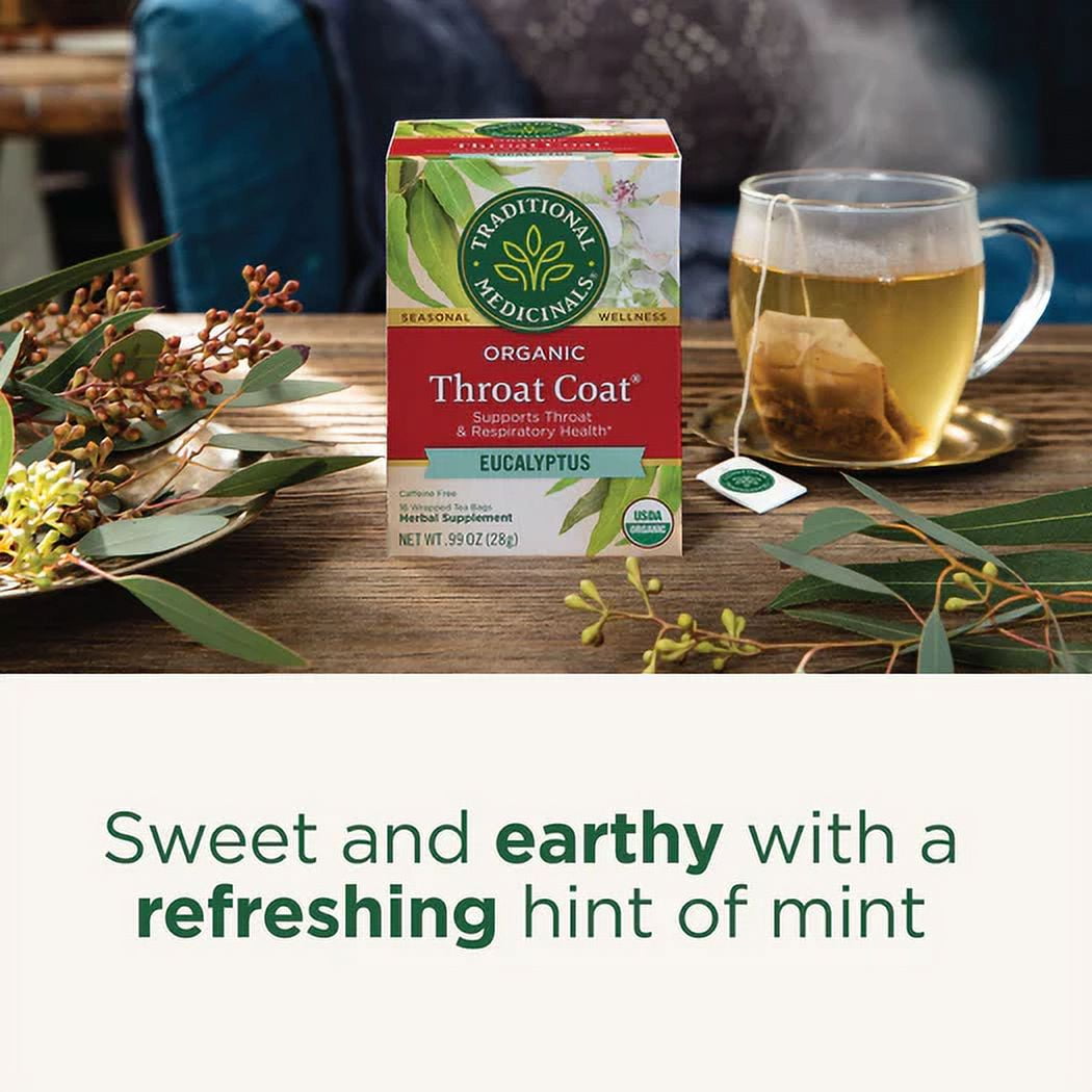 (4 pack) Traditional Medicinals Tea, Organic Throat Coat Eucalyptus, Tea Bags, 16 Count