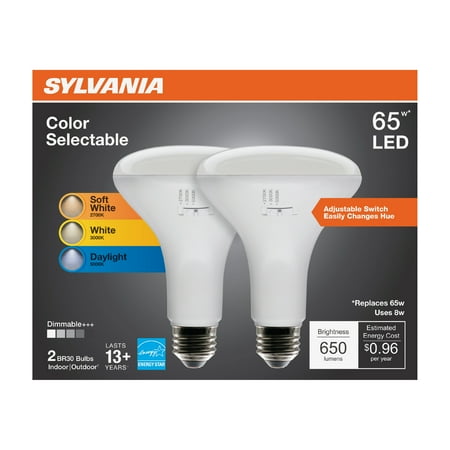 

SYLVANIA BR30 LED Light Bulbs 65W CCT Selectable 2700K/3000K/5000K with Switch 13 Year Dimmable 2 Pk