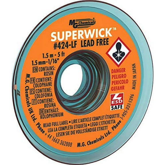 Desoldering Braid #2 Fine Braid Super Wick for Lead Free Solder, 0.05" Width x 5' Length